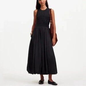 NWT Madewell Sz L The Melody Bubble-Hem Smocked Midi Dress in Poplin Black NT311